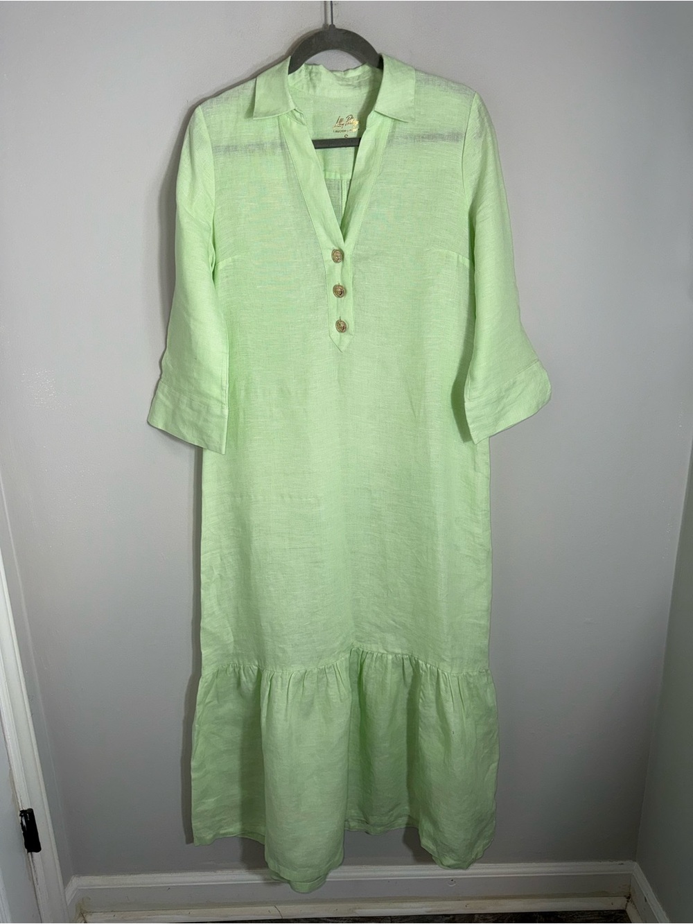Lilly Pulitzer Lagoon Linen Midi Dress-Light Green-3/4 Sleeves-Size Small